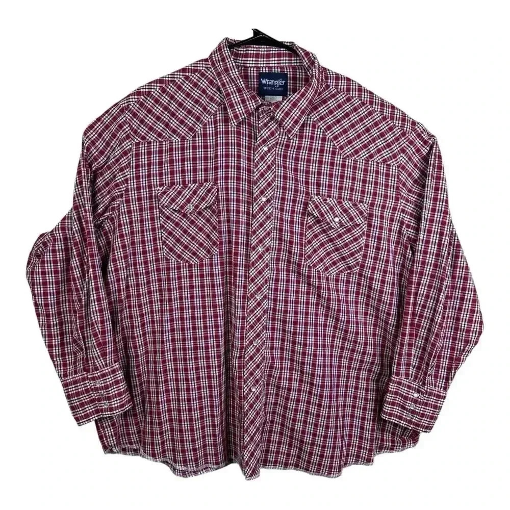 VTG Wrangler Western Pearl Snap Shirt Lightweight Long Sleeve Red Plaid Size 3XL